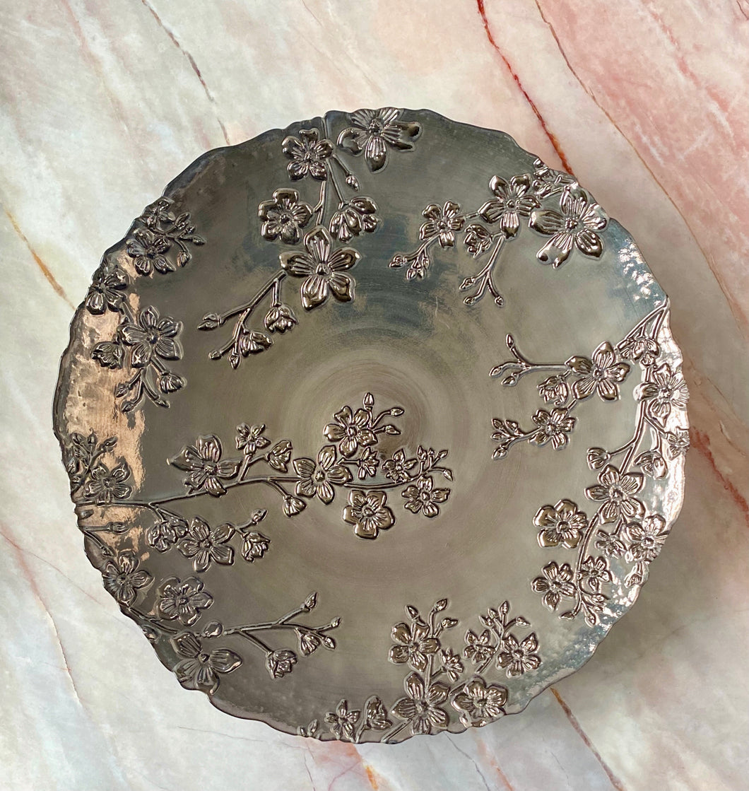 Silver Decorative Bowl with Pink Sculpted Rose Vines